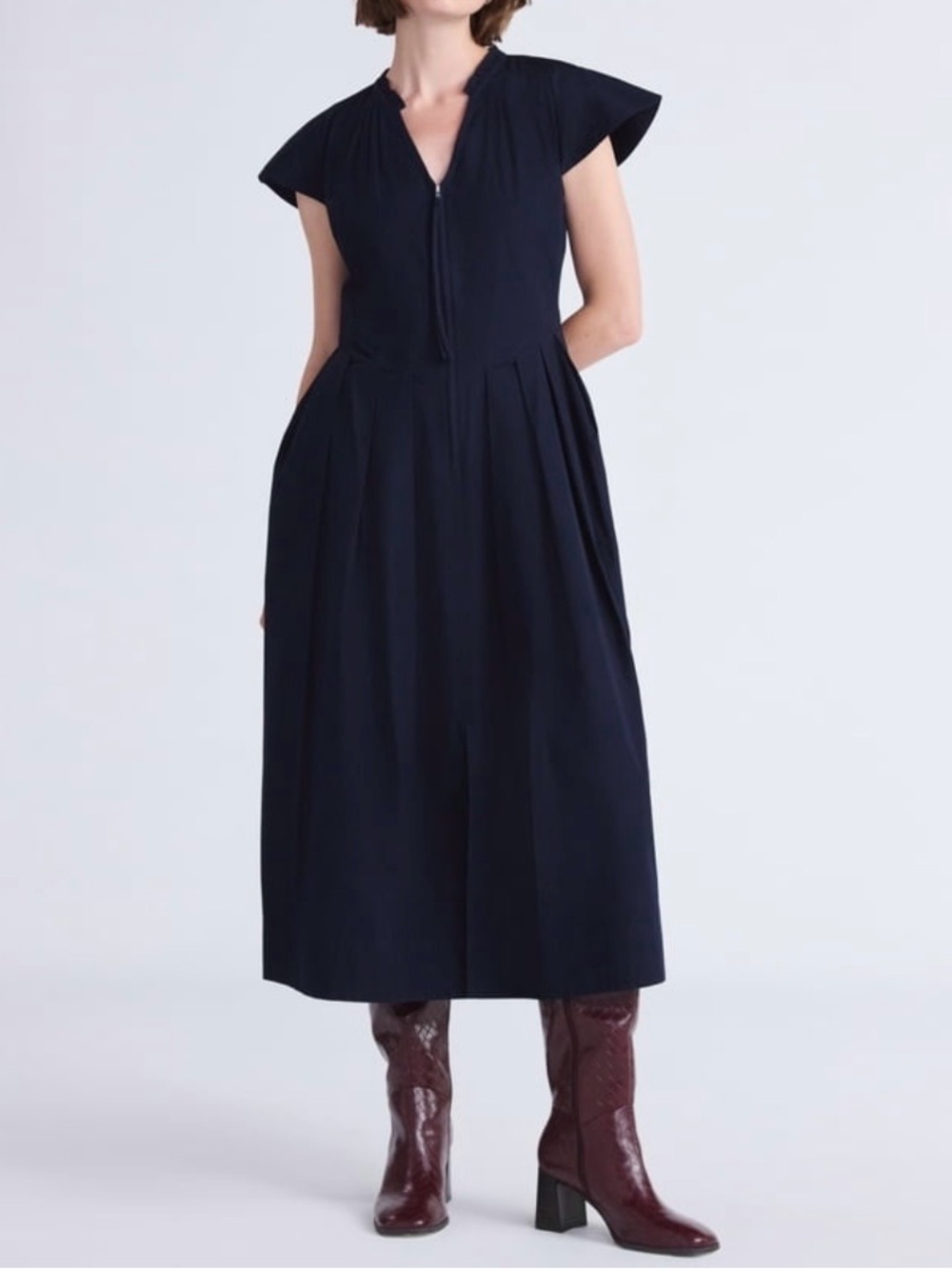 Navy Zip-Front Maxi Dress with Flutter Sleeves